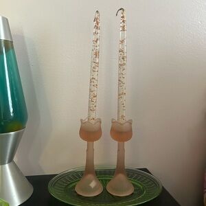 Vintage Pink Frosted Satin Glass Tulip Floral Candlestick Holder Pair